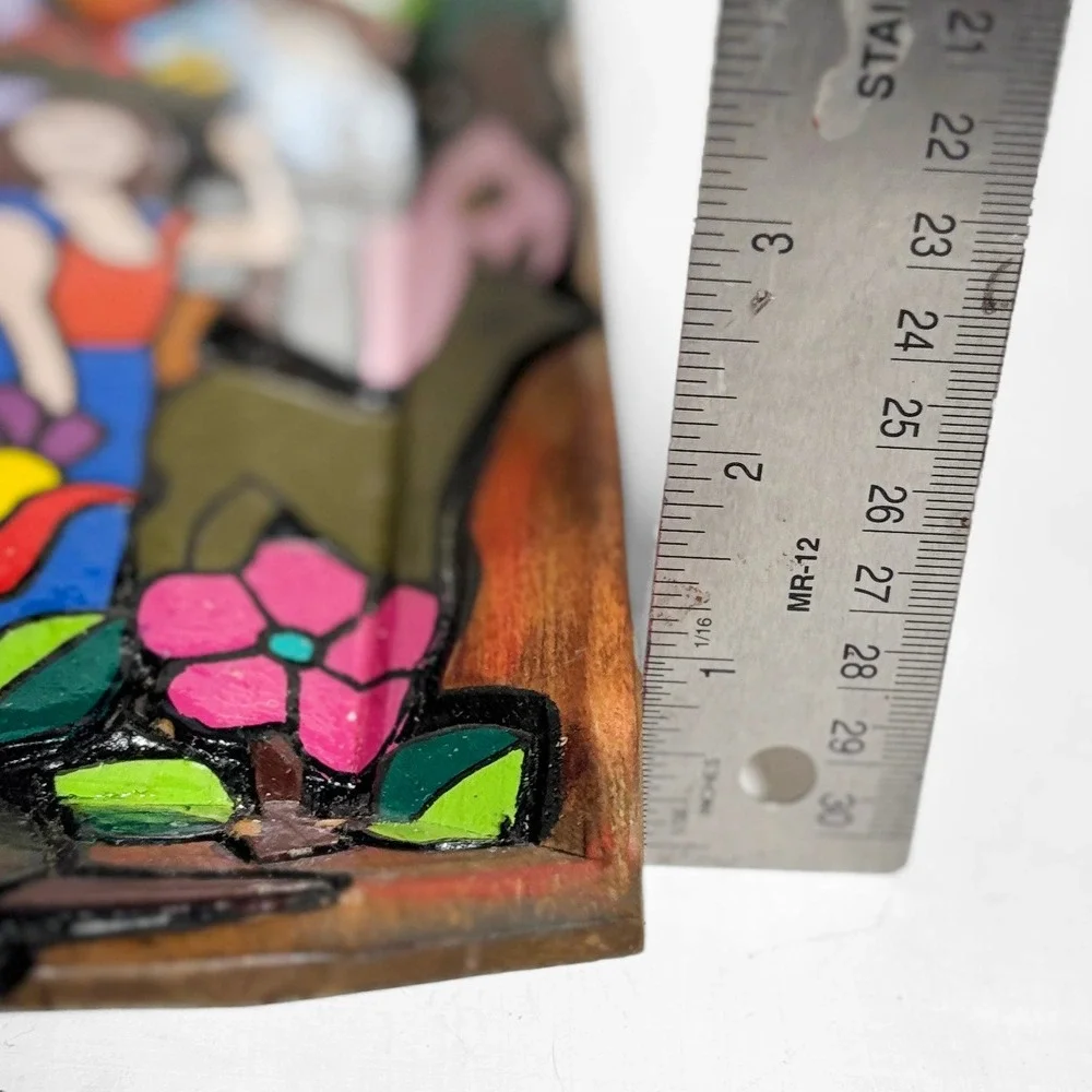El Salvador Folk Art Hand Painted Wood Village Scene Wall Plaque La Palma Style